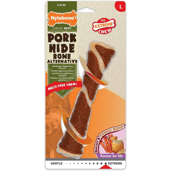 Nylabone Extreme Porkhide Bone L – Bacon and Peanut Butter Flavored Durable Dog Chew