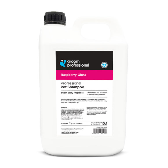 Groom Professional Raspberry Gloss Shampoo 4L – Cleansing Concentrate for All Coat Types, 1:10 Dilution