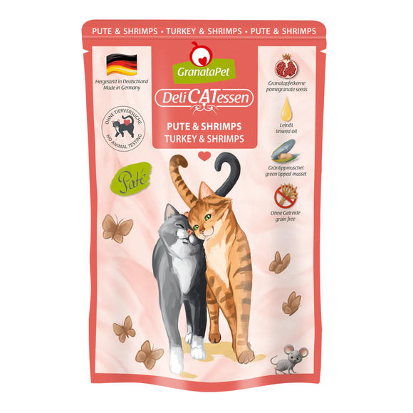 GranataPet DeliCatessen Turkey & Shrimps – Grain-Free Wet Cat Food, Tender Turkey and Shrimp, 6x85g Pouches