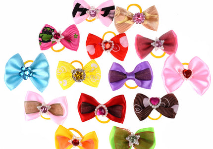 Blovi Happy Grooming Bows – Colorful Elastic Set with Mixed Patterns and Stones, 25 Pack