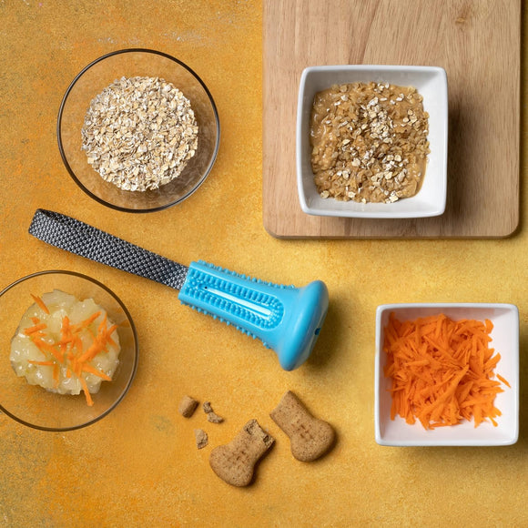 Nuzzle Puzzle Fling N Forage Bell Rubber Dog Toy with Handle and Treat Bell – Durable Interactive Play