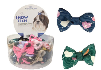 Show Tech Argyle Grooming Bows – Colorful Elastic Decorative Set, 50 Pieces, Eye-Catching Design