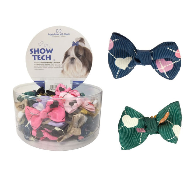 Show Tech Argyle Grooming Bows – Colorful Elastic Decorative Set, 50 Pieces, Eye-Catching Design