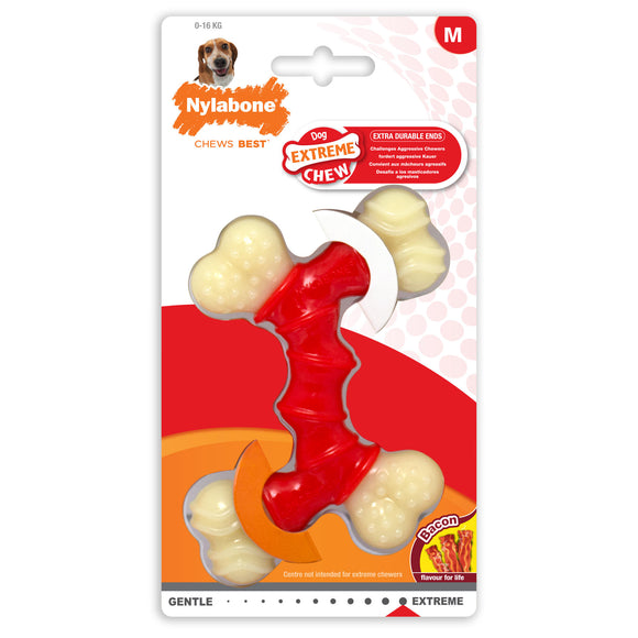 Nylabone Extreme Double Bone Chew Toy – XL Durable Bacon-Flavored Design for Heavy Chewers