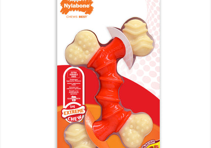 Nylabone Extreme Double Bone Chew Toy – XL Durable Bacon-Flavored Design for Heavy Chewers