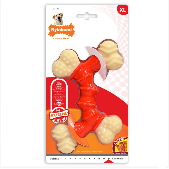 Nylabone Extreme Double Bone Chew Toy – XL Durable Bacon-Flavored Design for Heavy Chewers