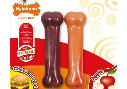 Nylabone Extreme Bone Twin Pack – Durable Chew Set, Beef, Cheese, and Apple Flavors