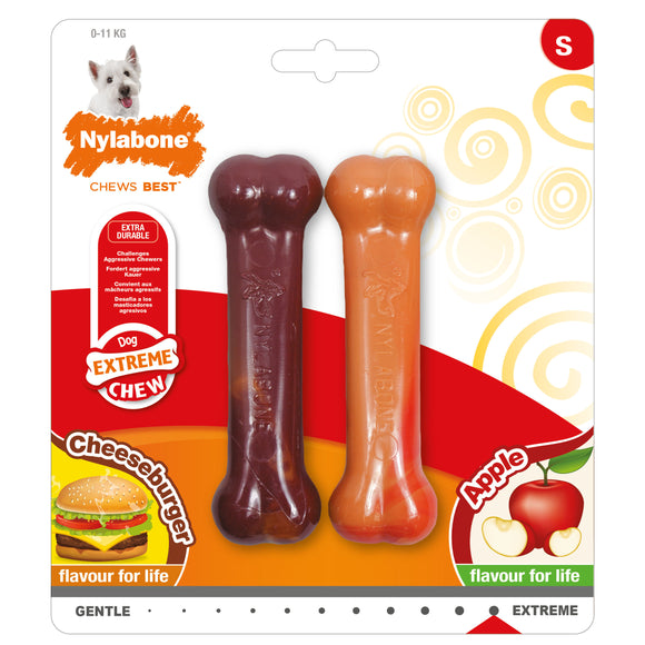 Nylabone Extreme Bone Twin Pack – Durable Chew Set, Beef, Cheese, and Apple Flavors
