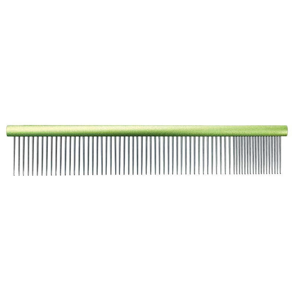 Groom Professional Metal Grooming Comb 19cm – Mixed Tooth Spacing, Green Handle