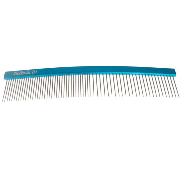 Miranda Belinda 01 Curved Grooming Comb – 19cm Aluminum Handle, Mixed Tooth Spacing