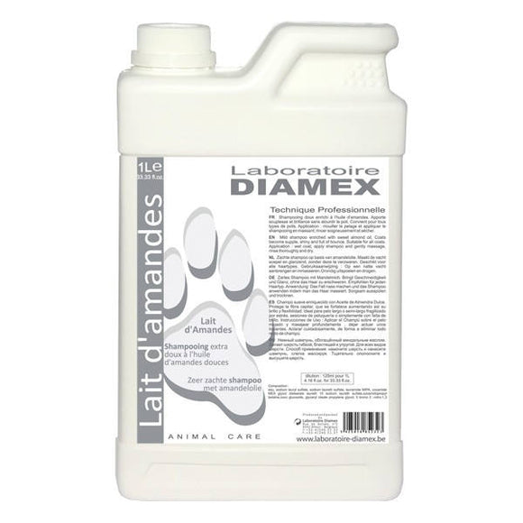 Diamex Lait D'amandes Almond Oil Shampoo – Concentrated Formula 1:8, 1L Bottle, Nourishing All Coats