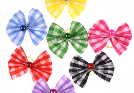 Blovi Chequered Grooming Bows – 25 Pack, Elastic Band with Decorative Bead Accent