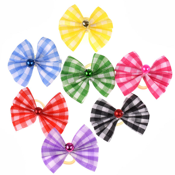 Blovi Chequered Grooming Bows – 25 Pack, Elastic Band with Decorative Bead Accent