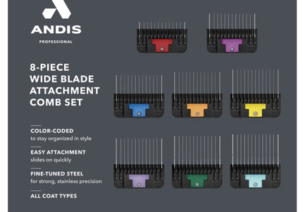 Andis Wide Blade Comb Set – 8 Stainless Steel Snap-On Spacers, Durable and Precise
