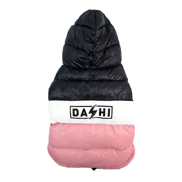 Dashi Stripes Pink & Black Anorak – Quilted Hooded Dog Jacket, 4XL, Warm and Stylish Design