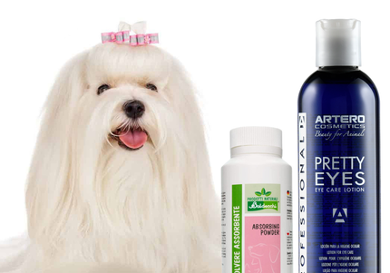 Artero Pretty Eyes 250ml and Baldecchi Absorbing Powder 90g – Anti-Stain Grooming Kit for Bright White Coats