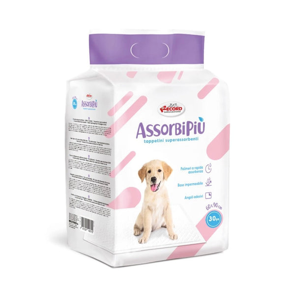 Record AssorbiPiu Puppy Pads 60x90cm – Ultra-Absorbent Training Pads with Fixing Patches, 30 Pack