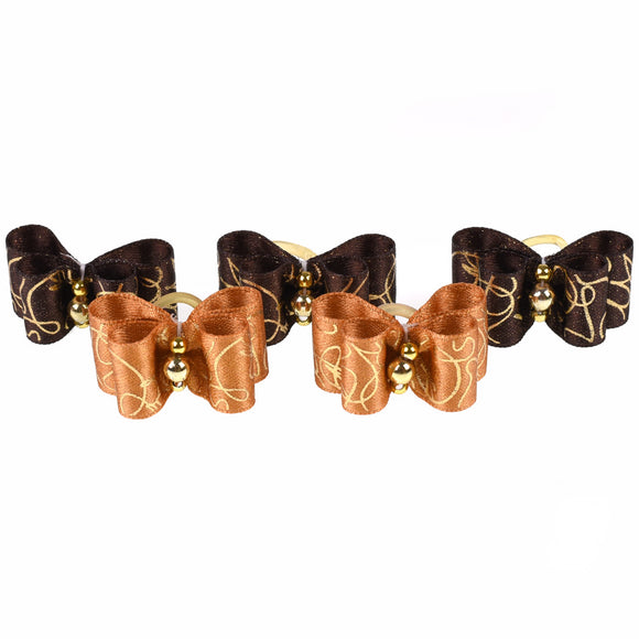 Blovi Gold Grooming Bows – Elegant Brown and Gold Set with Elastic Bands, 25 Pack