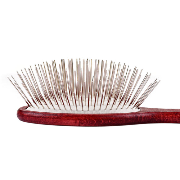 Blovi Red Wood Pin Brush – Large Soft Wooden Body with Long 30mm Metal Pins, Gentle Detangling