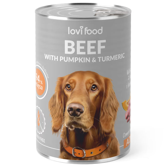 Lovi Food Beef with Pumpkin – Mono-Protein Wet Food, Beef, Pumpkin, Turmeric, 12x400g Cans