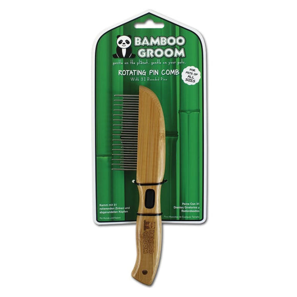 Bamboo Groom Rotating Pin Comb – 31-Pin Bamboo Handle, Gentle Detangling Design