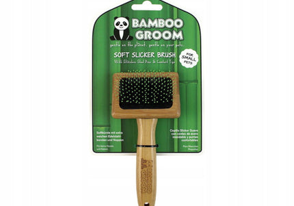 Bamboo Groom Soft Slicker Brush Small – Gentle Bamboo Brush with Safety Pins, Compact Design