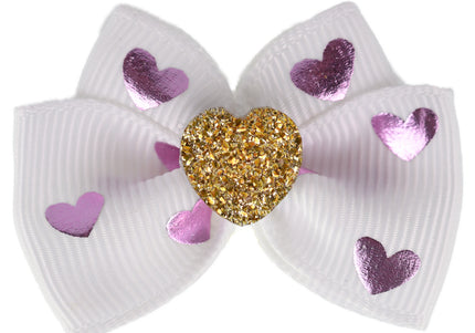 Blovi Bow Glamour Colorful Grooming Bow – White with Gold Heart Accent, Decorative Touch