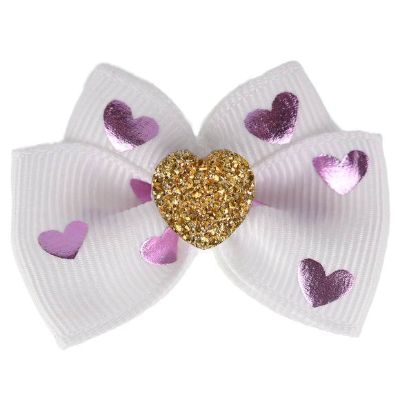 Blovi Bow Glamour Colorful Grooming Bow – White with Gold Heart Accent, Decorative Touch