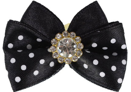 Blovi Bow Glamour Polka Dot Satin Grooming Bow – White with Decorative Stone Accent