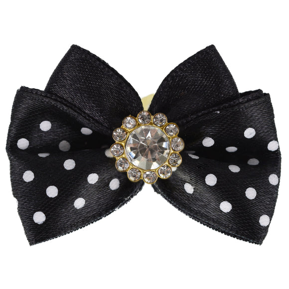 Blovi Bow Glamour Polka Dot Satin Grooming Bow – White with Decorative Stone Accent