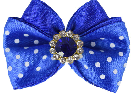 Blovi Bow Glamour Polka Dot Satin Grooming Bow – White with Decorative Stone Accent