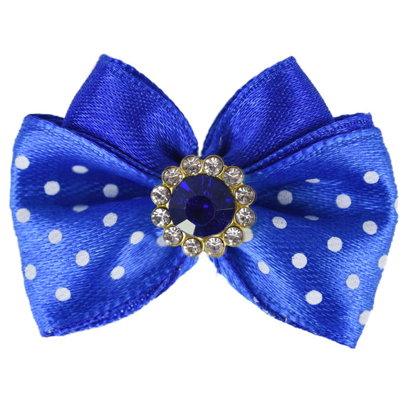Blovi Bow Glamour Polka Dot Satin Grooming Bow – White with Decorative Stone Accent