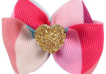 Blovi Bow Glamour Colorful Grooming Bow – White with Gold Heart Accent, Decorative Touch