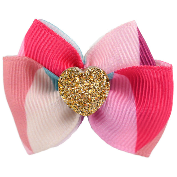 Blovi Bow Glamour Colorful Grooming Bow – White with Gold Heart Accent, Decorative Touch