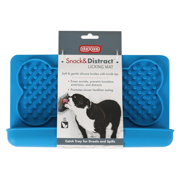 Dexas Snack & Distract Silicone Licking Mat with Pocket – Horizontal Blue, Calming Design