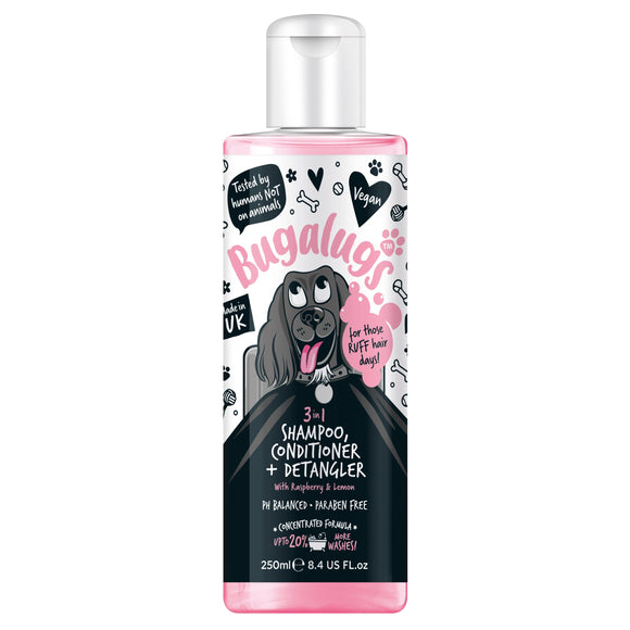 Bugalugs 3in1 Shampoo Conditioner & Detangler – Raspberry Lemon Scent, 250ml, Cleans and Softens Coats