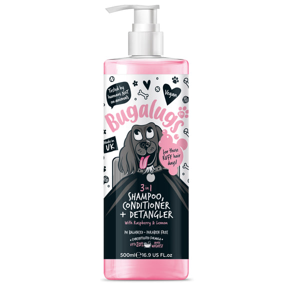 Bugalugs 3in1 Shampoo Conditioner & Detangler – Raspberry Lemon Scent, 500ml, Nourishing Triple-Action Formula