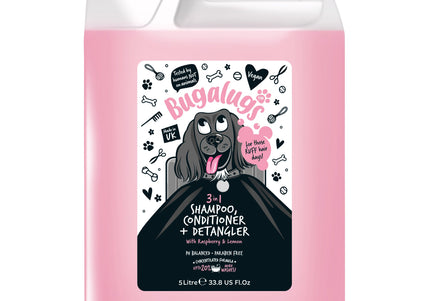 Bugalugs 3in1 Shampoo Conditioner & Detangler – Raspberry Lemon Scent, 5L, Cleans and Softens Coats