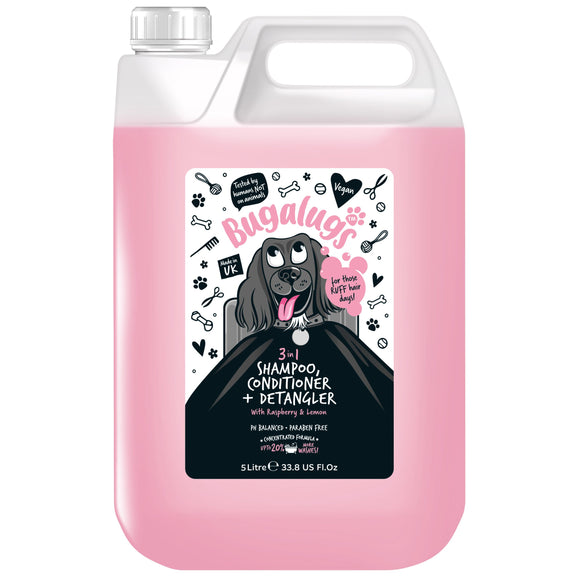Bugalugs 3in1 Shampoo Conditioner & Detangler – Raspberry Lemon Scent, 5L, Cleans and Softens Coats