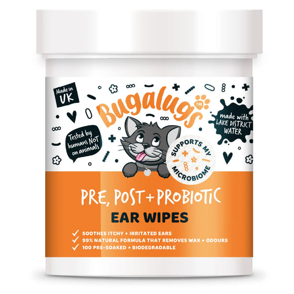 Bugalugs Pre, Post + Probiotic Cat Ear Cleaning Wipes, 100 Count