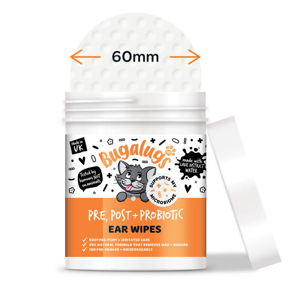 Bugalugs Pre, Post + Probiotic Cat Ear Cleaning Wipes, 100 Count