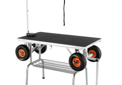 Blovi Mobile Trimming Table – Large Inflatable Wheels, 110x60cm Pink Tabletop