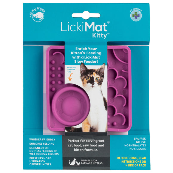 LickiMat Kitty Small Slow Feeder Mat with Built-in Bowl, Purple – Promotes Healthy Eating