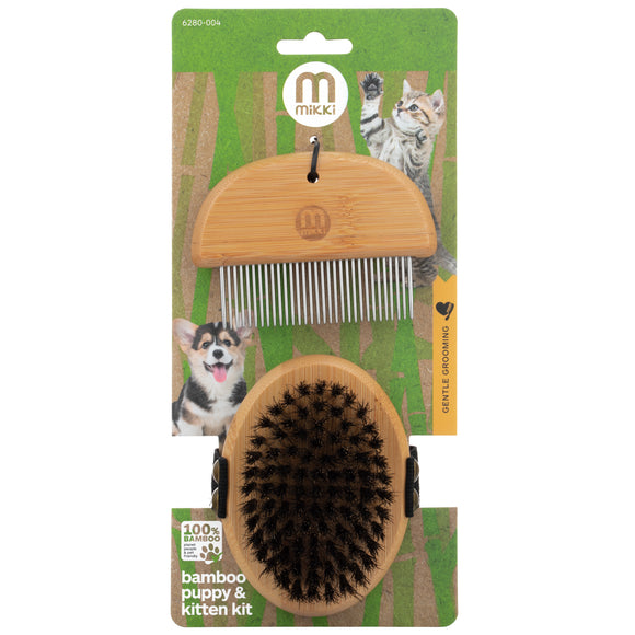 Mikki Bamboo Puppy & Kitten Grooming Kit – Eco-Friendly Brush and Comb Set, Gentle Care