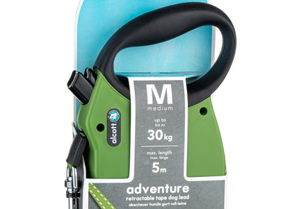 Alcott Adventure Retractable Leash Green – Reflective Medium Retractable Lead with Safety Lock