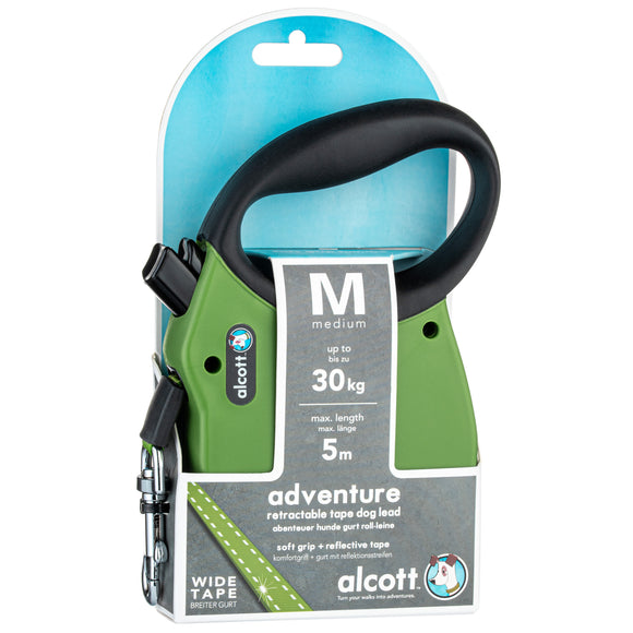 Alcott Adventure Retractable Leash Green – Reflective Medium Retractable Lead with Safety Lock