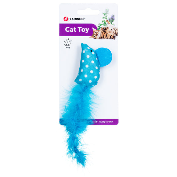 Flamingo Cat Polka Mouse Feather Toy – 17cm Blue Catnip Mouse with Polka Dots