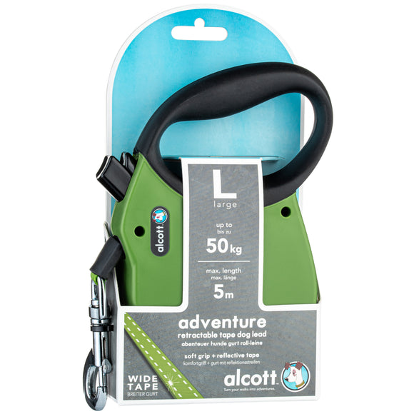Alcott Adventure Retractable Leash Green – Reflective Medium Retractable Lead with Safety Lock