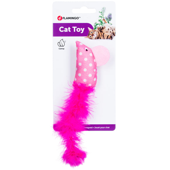 Flamingo Cat Polka Mouse Feather Toy – 17cm Blue Catnip Mouse with Polka Dots