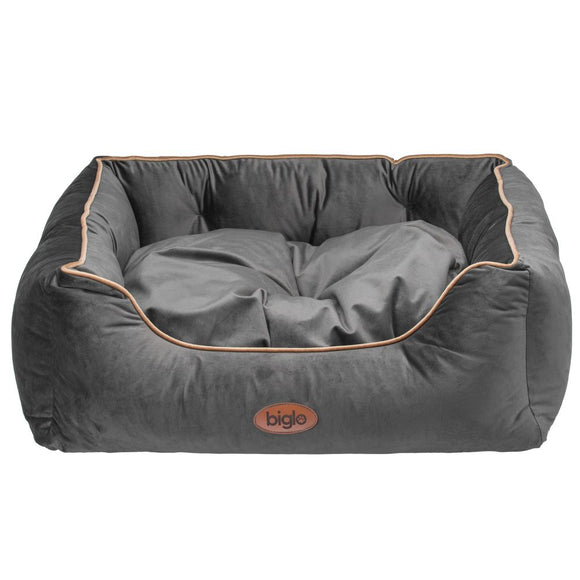 Biglo Velur Love Lux Velvet Pet Bed – Dark Grey with Piping, Large Size